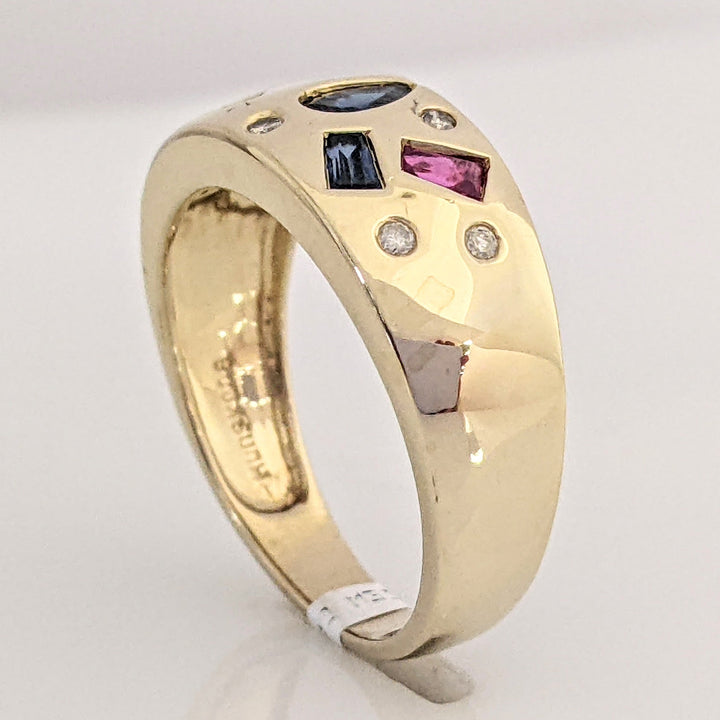 14K SAPPHIRE, RUBY, EMERALD WITH (6) MELEE FLUSH SET ESTATE BAND 4.9 GRAMS