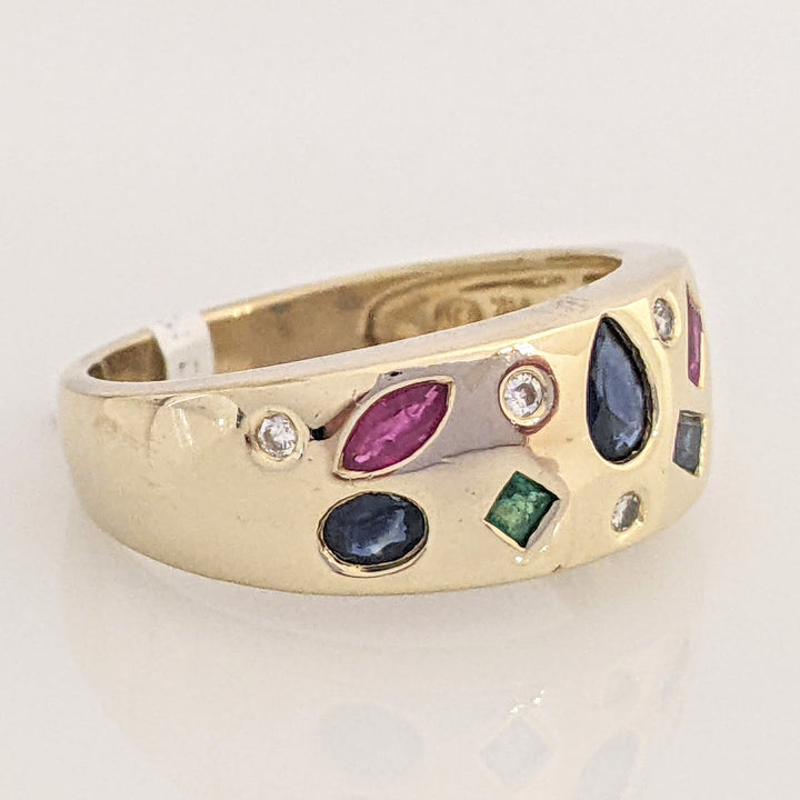 14K SAPPHIRE, RUBY, EMERALD WITH (6) MELEE FLUSH SET ESTATE BAND 4.9 GRAMS