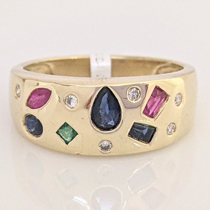 14K SAPPHIRE, RUBY, EMERALD WITH (6) MELEE FLUSH SET ESTATE BAND 4.9 GRAMS