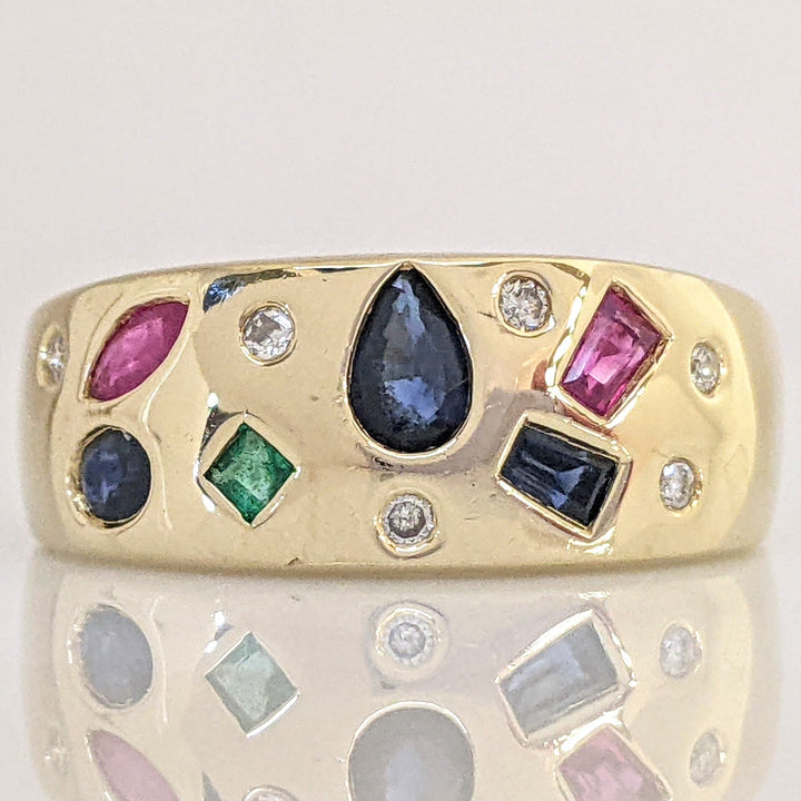 14K SAPPHIRE, RUBY, EMERALD WITH (6) MELEE FLUSH SET ESTATE BAND 4.9 GRAMS
