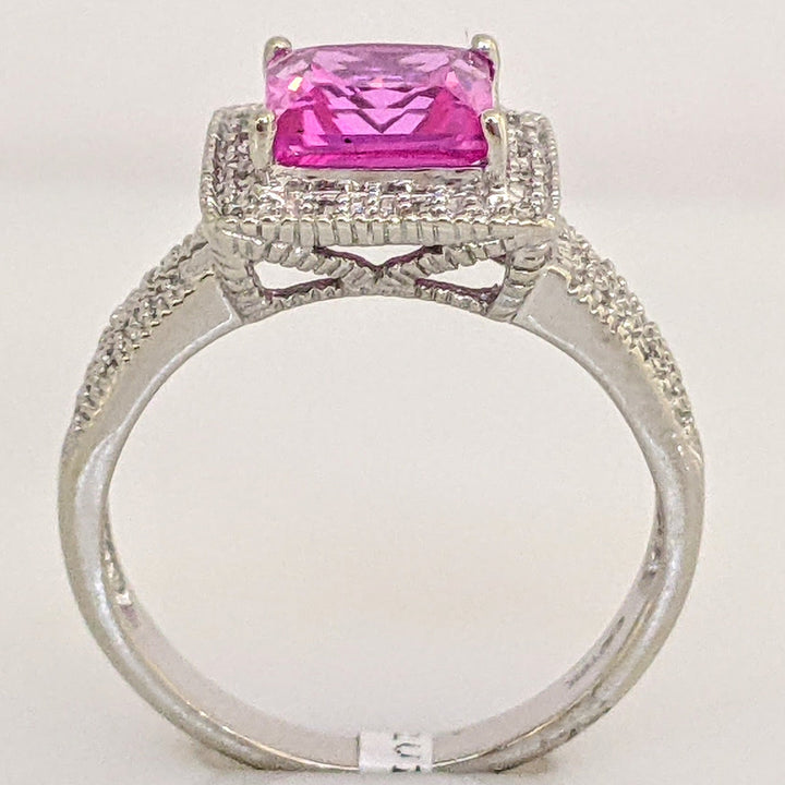 10K WHITE LAB-CREATED PINK SAPPHIRE PRINCESS CUT 7MM WITH .20 DIAMOND TOTAL WEIGHT ESTATE RING 3.4 GRAMS