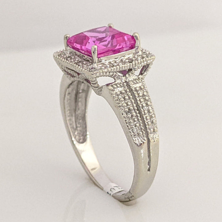 10K WHITE LAB-CREATED PINK SAPPHIRE PRINCESS CUT 7MM WITH .20 DIAMOND TOTAL WEIGHT ESTATE RING 3.4 GRAMS