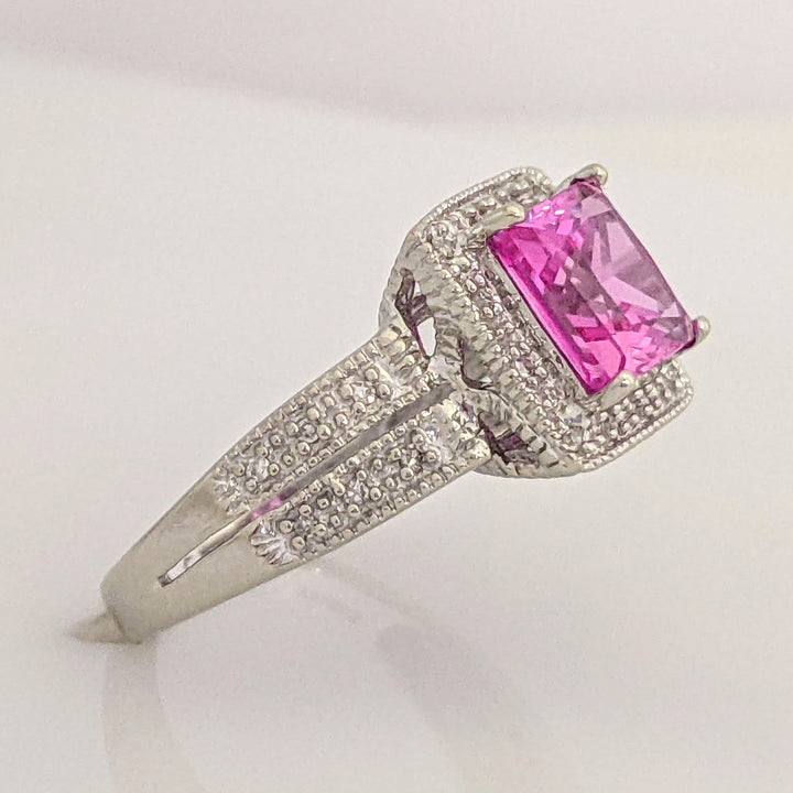 10K WHITE LAB-CREATED PINK SAPPHIRE PRINCESS CUT 7MM WITH .20 DIAMOND TOTAL WEIGHT ESTATE RING 3.4 GRAMS