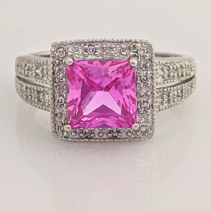 10K WHITE LAB-CREATED PINK SAPPHIRE PRINCESS CUT 7MM WITH .20 DIAMOND TOTAL WEIGHT ESTATE RING 3.4 GRAMS