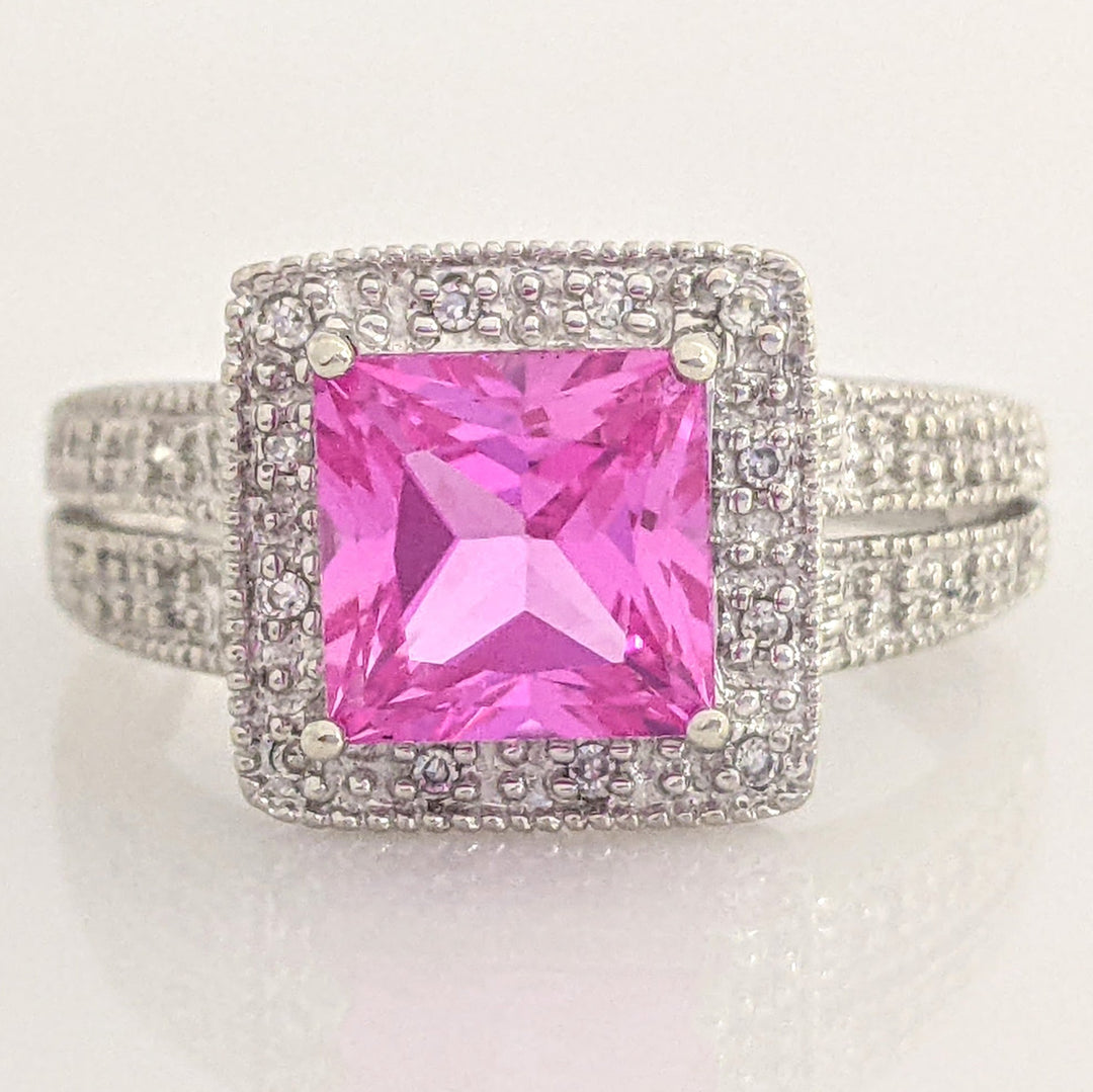 10K WHITE LAB-CREATED PINK SAPPHIRE PRINCESS CUT 7MM WITH .20 DIAMOND TOTAL WEIGHT ESTATE RING 3.4 GRAMS