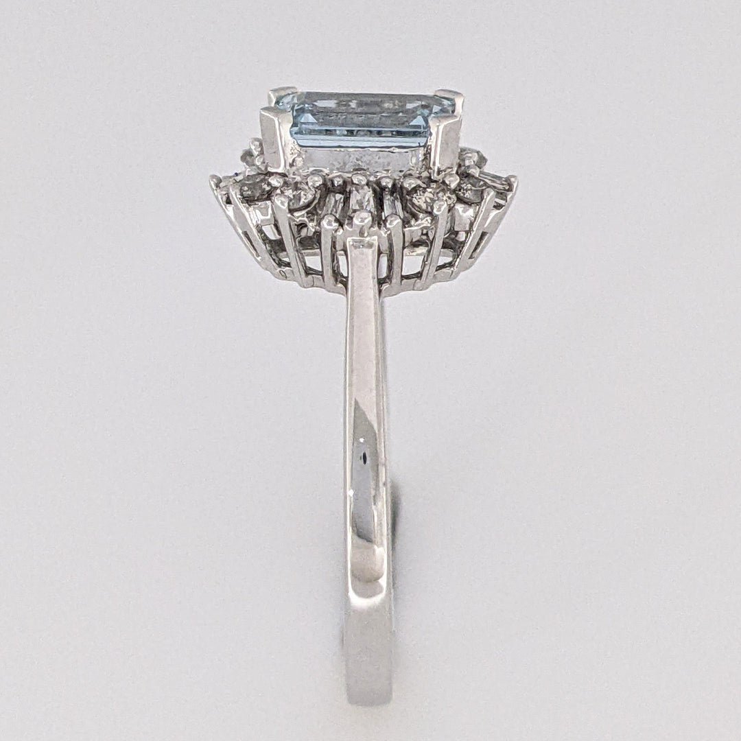 14K WHITE AQUAMARINE EMERALD CUT 5X7 WITH .24 DIAMOND TOTAL WEIGHT (12) BAGUETTE AND (8) ROUND ESTATE RING 2.8 GRAMS
