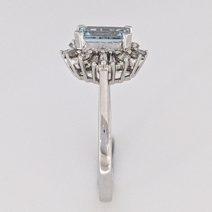 14K WHITE AQUAMARINE EMERALD CUT 5X7 WITH .24 DIAMOND TOTAL WEIGHT (12) BAGUETTE AND (8) ROUND ESTATE RING 2.8 GRAMS