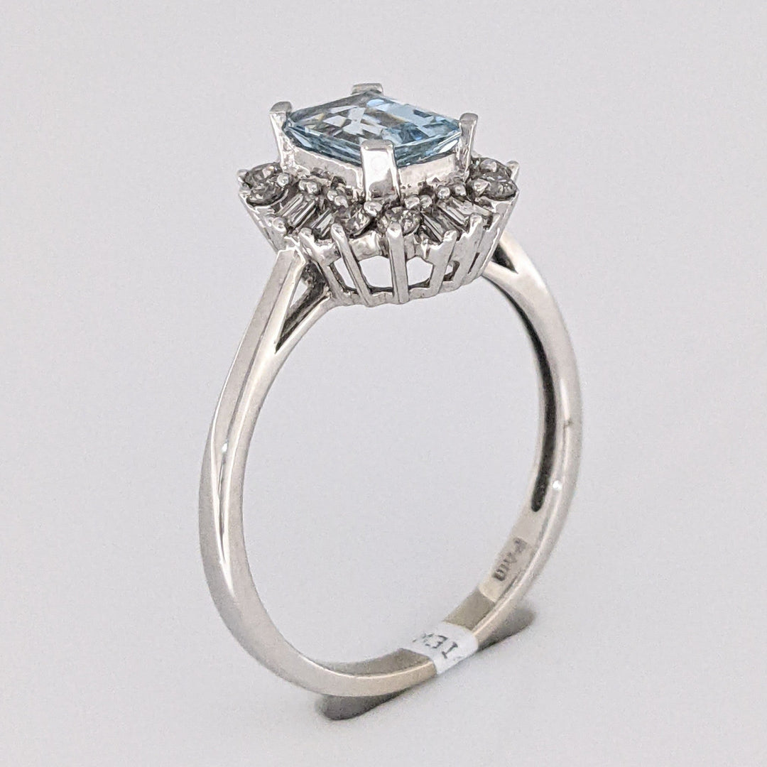 14K WHITE AQUAMARINE EMERALD CUT 5X7 WITH .24 DIAMOND TOTAL WEIGHT (12) BAGUETTE AND (8) ROUND ESTATE RING 2.8 GRAMS