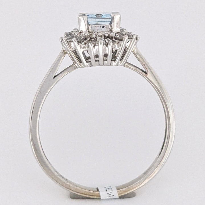14K WHITE AQUAMARINE EMERALD CUT 5X7 WITH .24 DIAMOND TOTAL WEIGHT (12) BAGUETTE AND (8) ROUND ESTATE RING 2.8 GRAMS