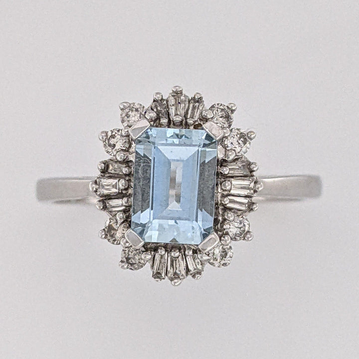 14K WHITE AQUAMARINE EMERALD CUT 5X7 WITH .24 DIAMOND TOTAL WEIGHT (12) BAGUETTE AND (8) ROUND ESTATE RING 2.8 GRAMS