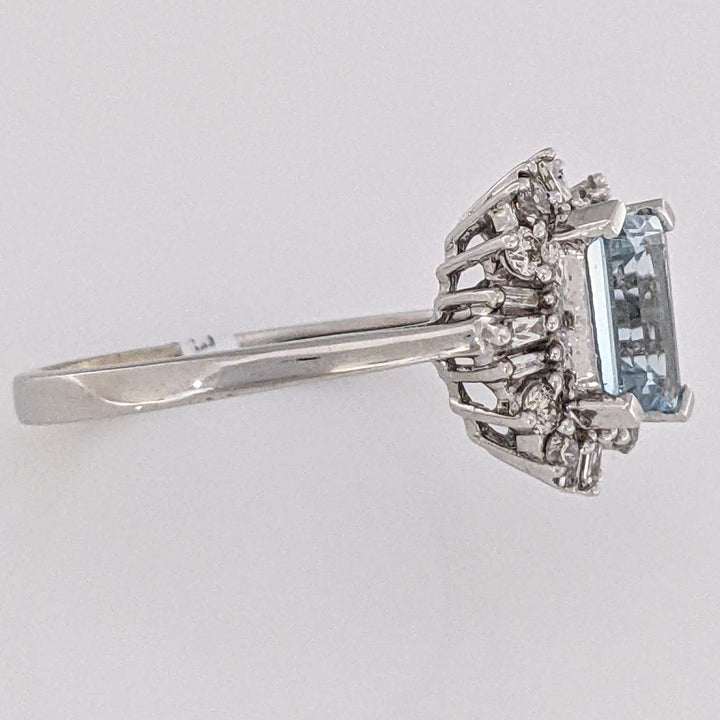 14K WHITE AQUAMARINE EMERALD CUT 5X7 WITH .24 DIAMOND TOTAL WEIGHT (12) BAGUETTE AND (8) ROUND ESTATE RING 2.8 GRAMS