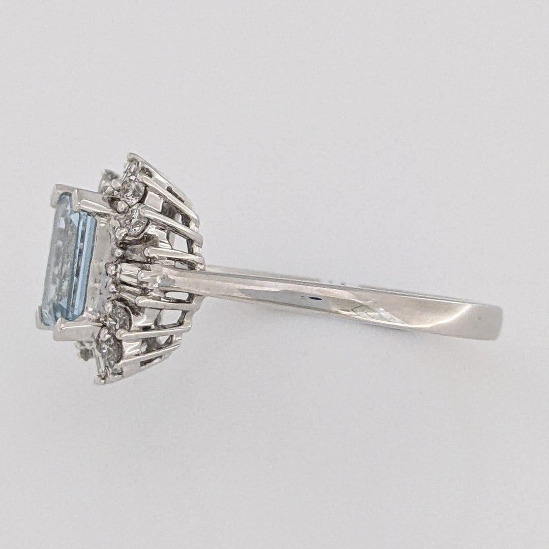 14K WHITE AQUAMARINE EMERALD CUT 5X7 WITH .24 DIAMOND TOTAL WEIGHT (12) BAGUETTE AND (8) ROUND ESTATE RING 2.8 GRAMS