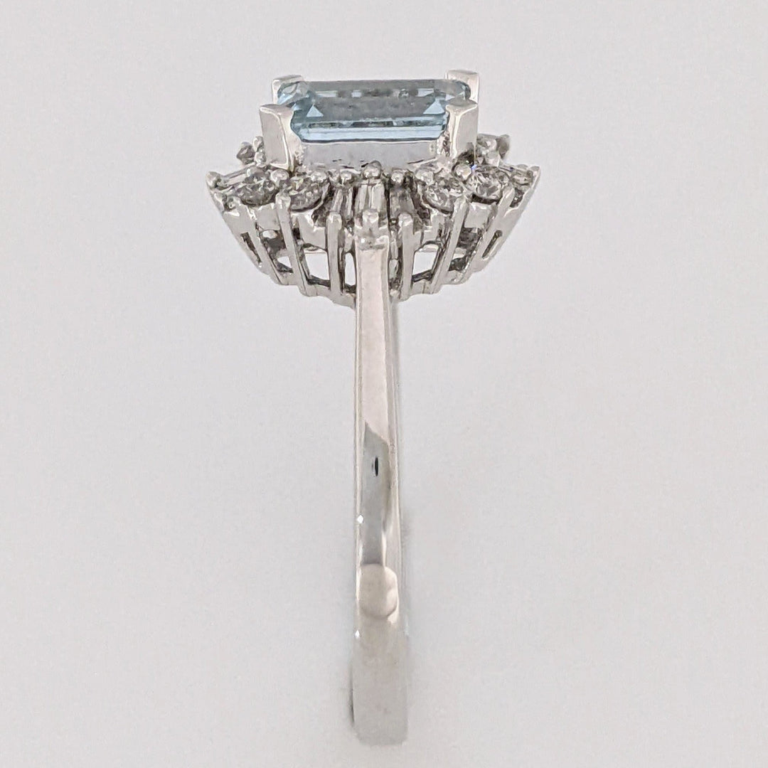 14K WHITE AQUAMARINE EMERALD CUT 5X7 WITH .24 DIAMOND TOTAL WEIGHT (12) BAGUETTE AND (8) ROUND ESTATE RING 2.8 GRAMS
