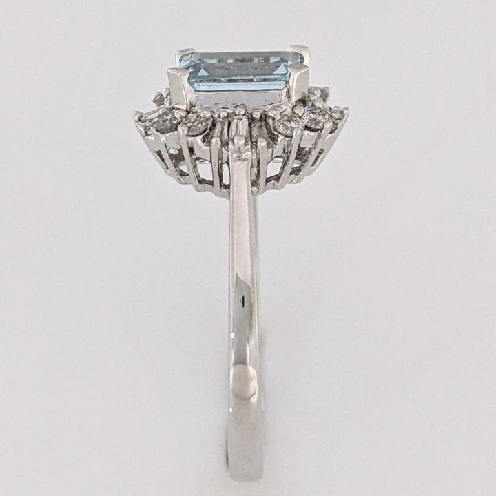 14K WHITE AQUAMARINE EMERALD CUT 5X7 WITH .24 DIAMOND TOTAL WEIGHT (12) BAGUETTE AND (8) ROUND ESTATE RING 2.8 GRAMS