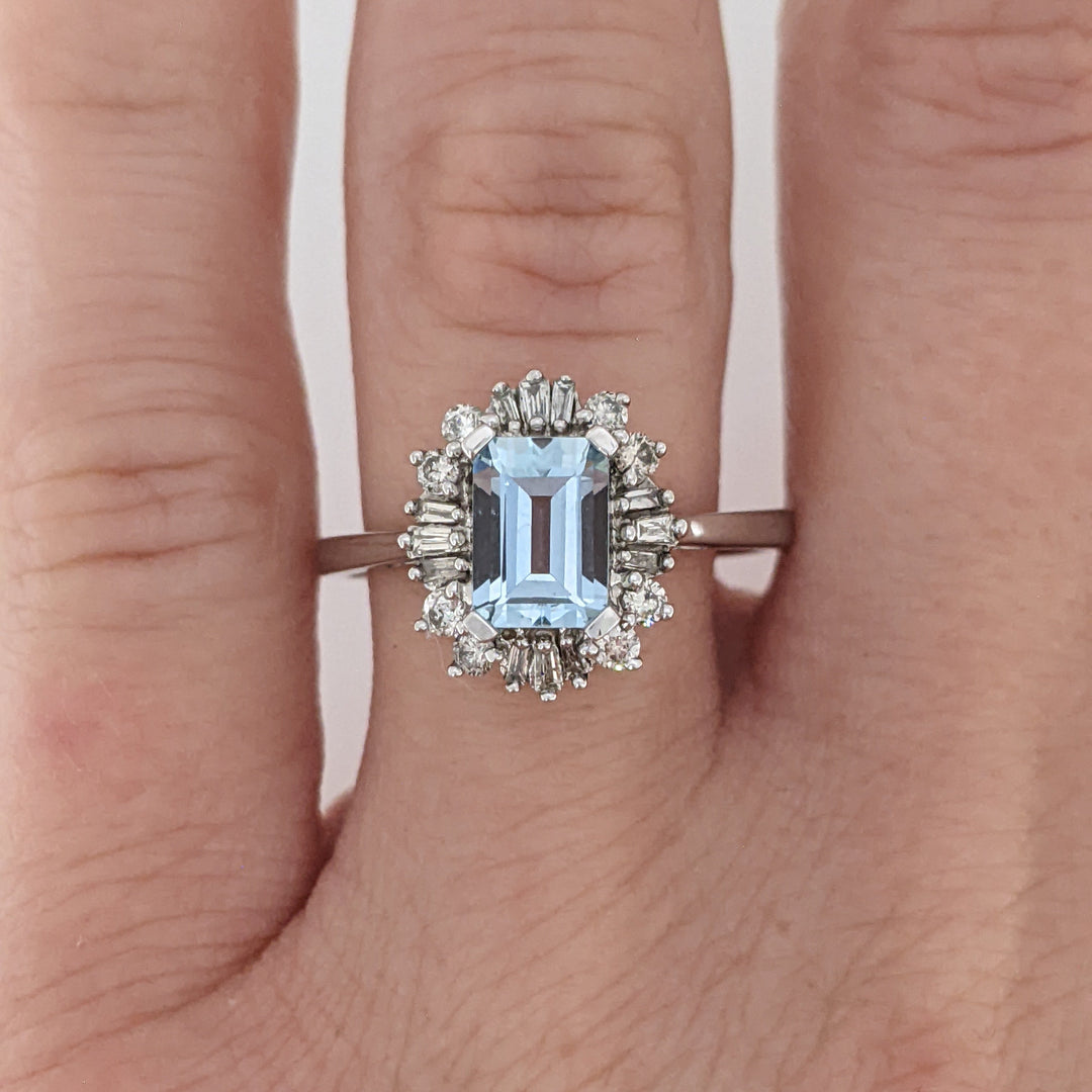 14K WHITE AQUAMARINE EMERALD CUT 5X7 WITH .24 DIAMOND TOTAL WEIGHT (12) BAGUETTE AND (8) ROUND ESTATE RING 2.8 GRAMS