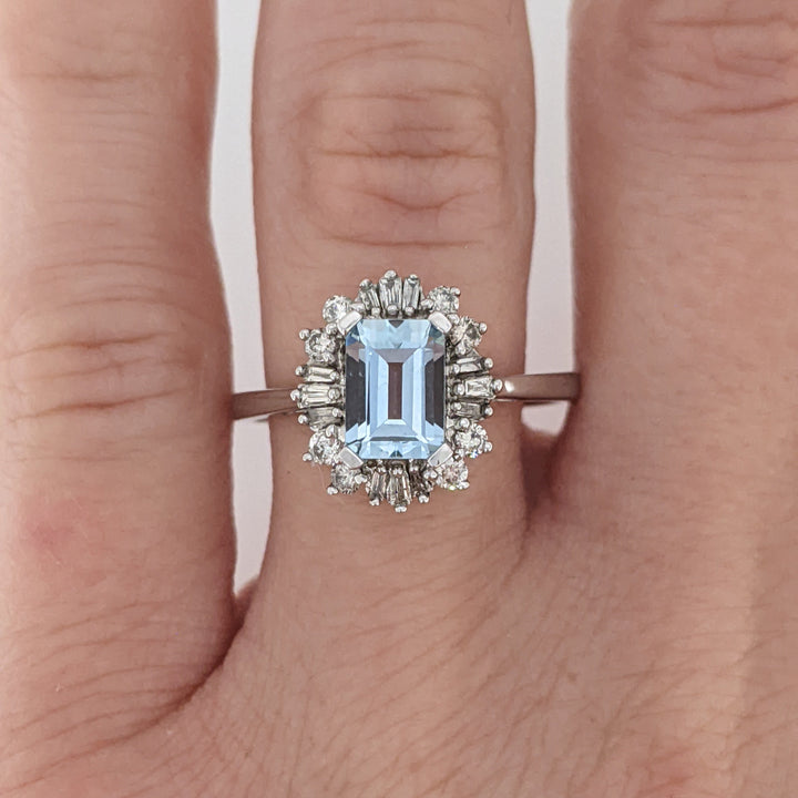 14K WHITE AQUAMARINE EMERALD CUT 5X7 WITH .24 DIAMOND TOTAL WEIGHT (12) BAGUETTE AND (8) ROUND ESTATE RING 2.8 GRAMS