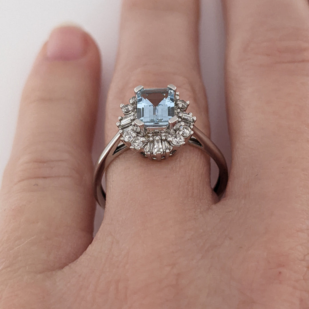 14K WHITE AQUAMARINE EMERALD CUT 5X7 WITH .24 DIAMOND TOTAL WEIGHT (12) BAGUETTE AND (8) ROUND ESTATE RING 2.8 GRAMS