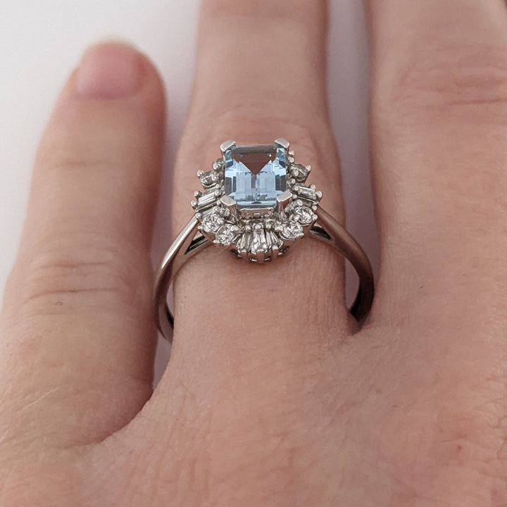 14K WHITE AQUAMARINE EMERALD CUT 5X7 WITH .24 DIAMOND TOTAL WEIGHT (12) BAGUETTE AND (8) ROUND ESTATE RING 2.8 GRAMS