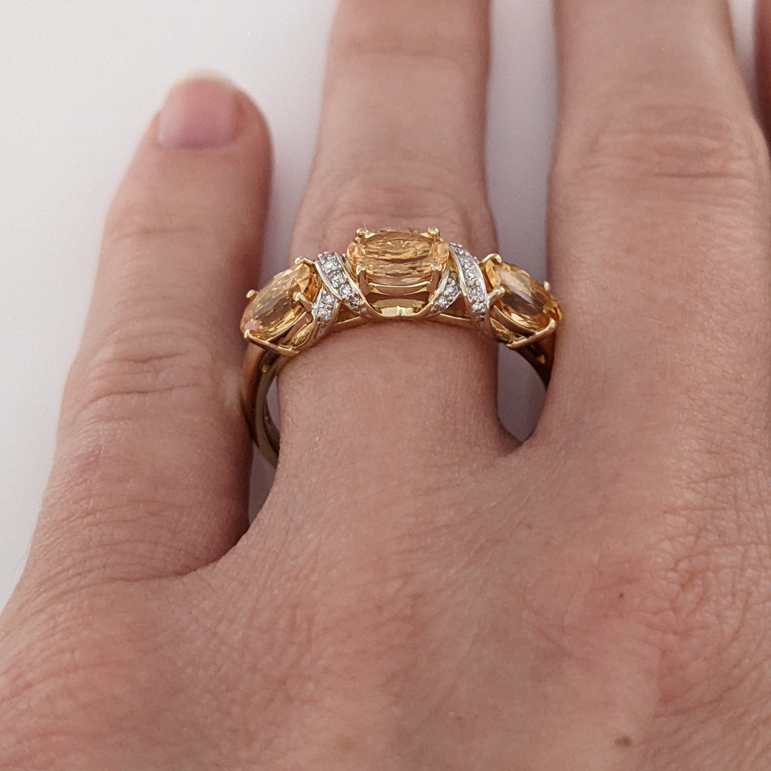 14K YELLOW TOPAZ OVAL 5X7 (3) WITH (22) MELEE ESTATE RING 4.1 GRAMS