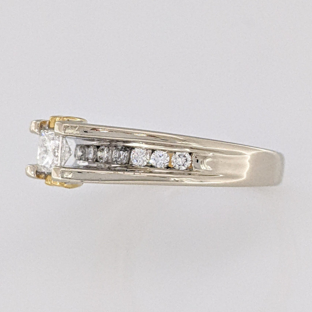 14K WHITE/24K .76 CARAT TOTAL WEIGHT I1 F DIAMOND PRINCESS CUT WITH (12) ROUND MELEE ESTATE RING 7.2G