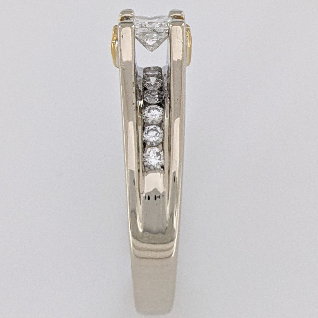 14K WHITE/24K .76 CARAT TOTAL WEIGHT I1 F DIAMOND PRINCESS CUT WITH (12) ROUND MELEE ESTATE RING 7.2G