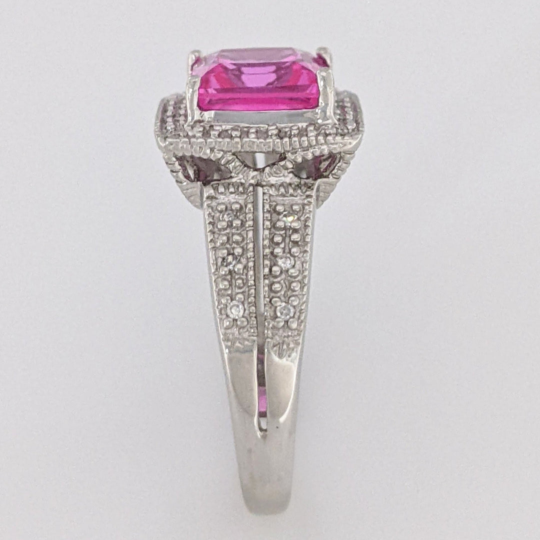 10K WHITE LAB-CREATED PINK SAPPHIRE PRINCESS CUT 7MM WITH .20 DIAMOND TOTAL WEIGHT ESTATE RING 3.4 GRAMS