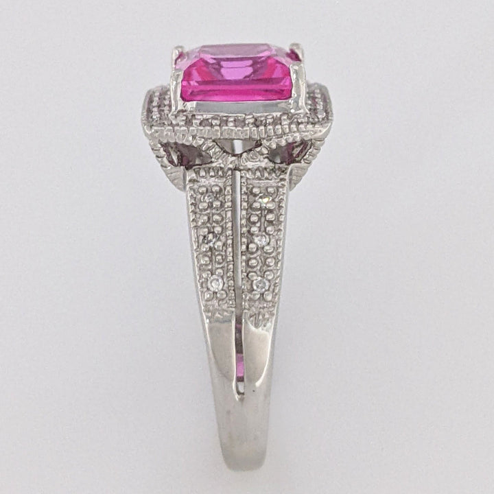 10K WHITE LAB-CREATED PINK SAPPHIRE PRINCESS CUT 7MM WITH .20 DIAMOND TOTAL WEIGHT ESTATE RING 3.4 GRAMS