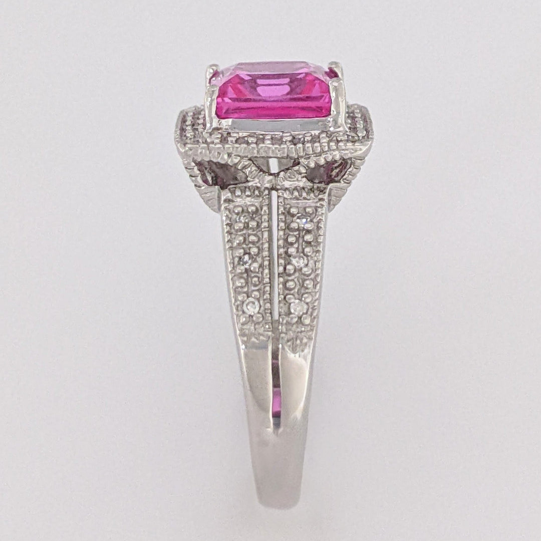 10K WHITE LAB-CREATED PINK SAPPHIRE PRINCESS CUT 7MM WITH .20 DIAMOND TOTAL WEIGHT ESTATE RING 3.4 GRAMS
