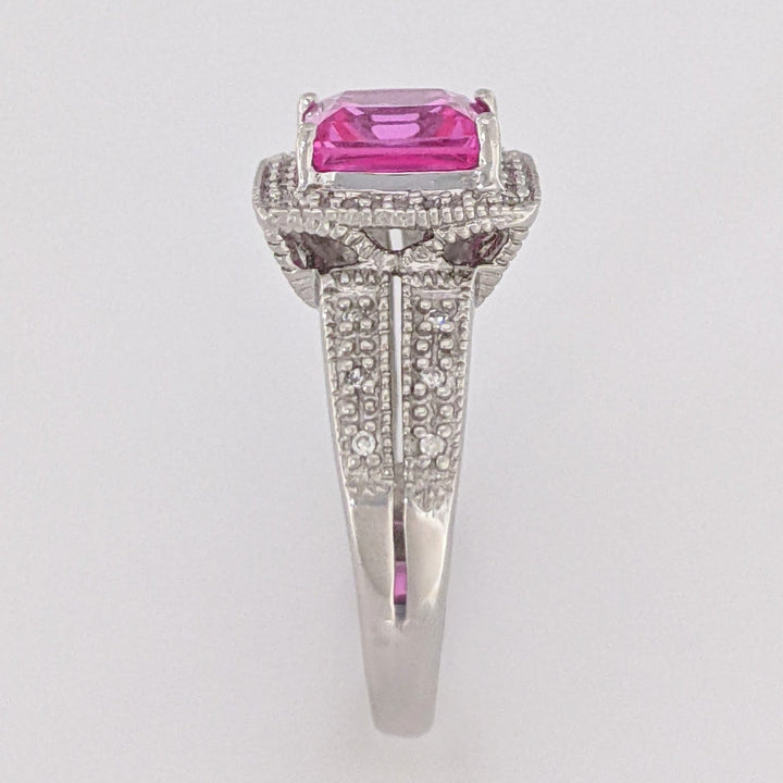 10K WHITE LAB-CREATED PINK SAPPHIRE PRINCESS CUT 7MM WITH .20 DIAMOND TOTAL WEIGHT ESTATE RING 3.4 GRAMS
