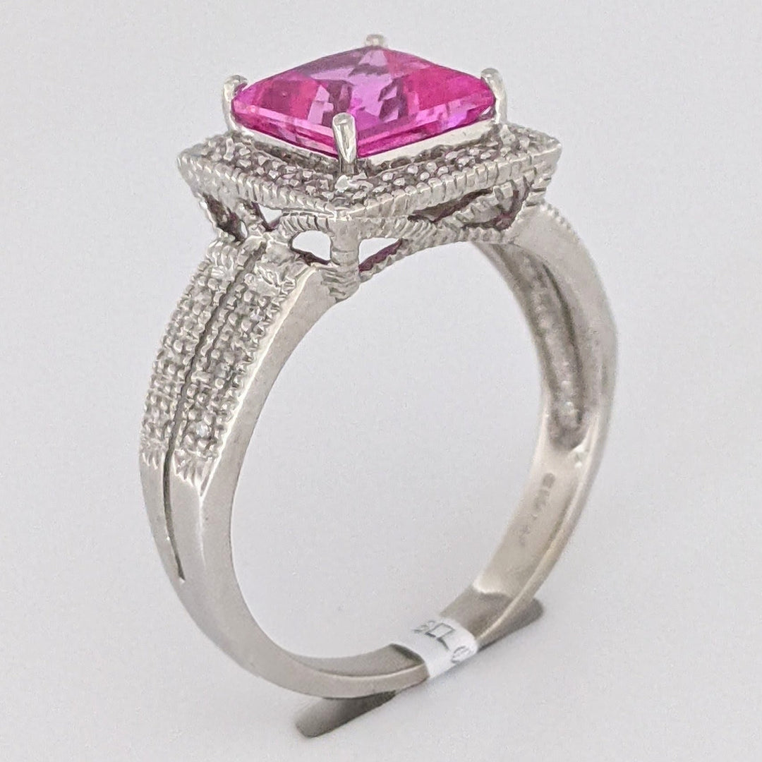 10K WHITE LAB-CREATED PINK SAPPHIRE PRINCESS CUT 7MM WITH .20 DIAMOND TOTAL WEIGHT ESTATE RING 3.4 GRAMS