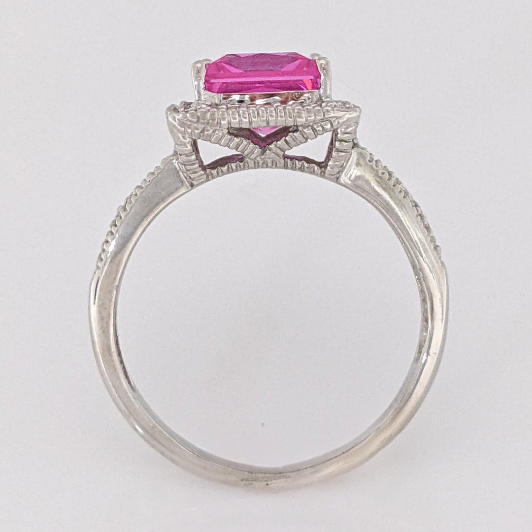 10K WHITE LAB-CREATED PINK SAPPHIRE PRINCESS CUT 7MM WITH .20 DIAMOND TOTAL WEIGHT ESTATE RING 3.4 GRAMS