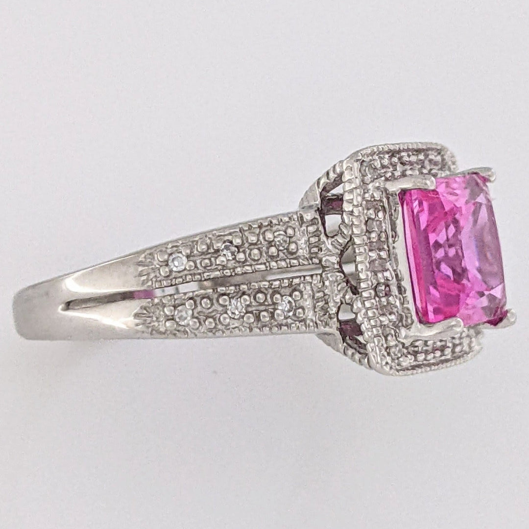 10K WHITE LAB-CREATED PINK SAPPHIRE PRINCESS CUT 7MM WITH .20 DIAMOND TOTAL WEIGHT ESTATE RING 3.4 GRAMS
