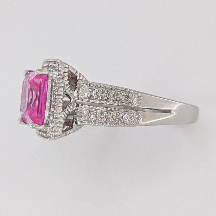 10K WHITE LAB-CREATED PINK SAPPHIRE PRINCESS CUT 7MM WITH .20 DIAMOND TOTAL WEIGHT ESTATE RING 3.4 GRAMS