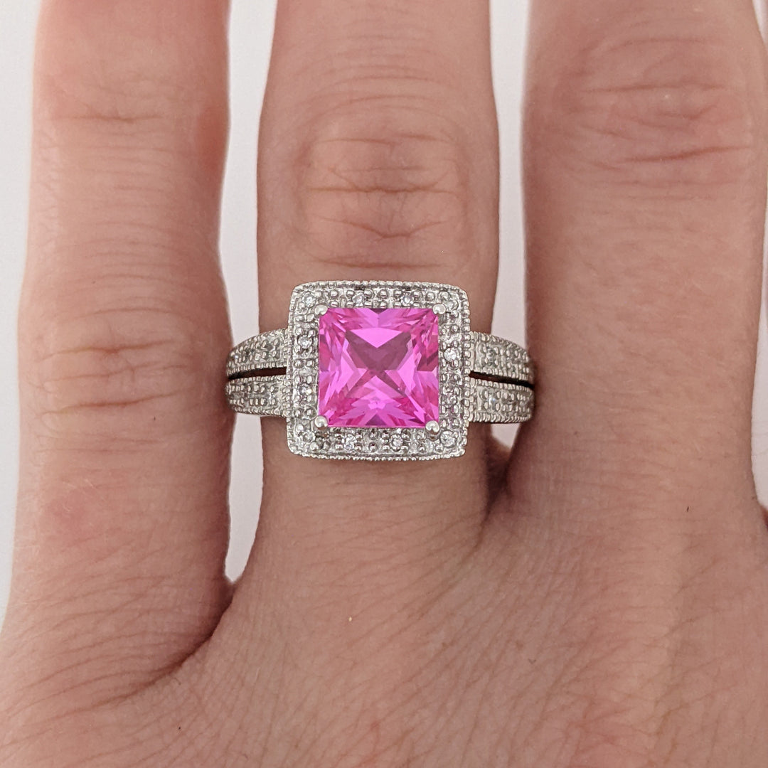 10K WHITE LAB-CREATED PINK SAPPHIRE PRINCESS CUT 7MM WITH .20 DIAMOND TOTAL WEIGHT ESTATE RING 3.4 GRAMS