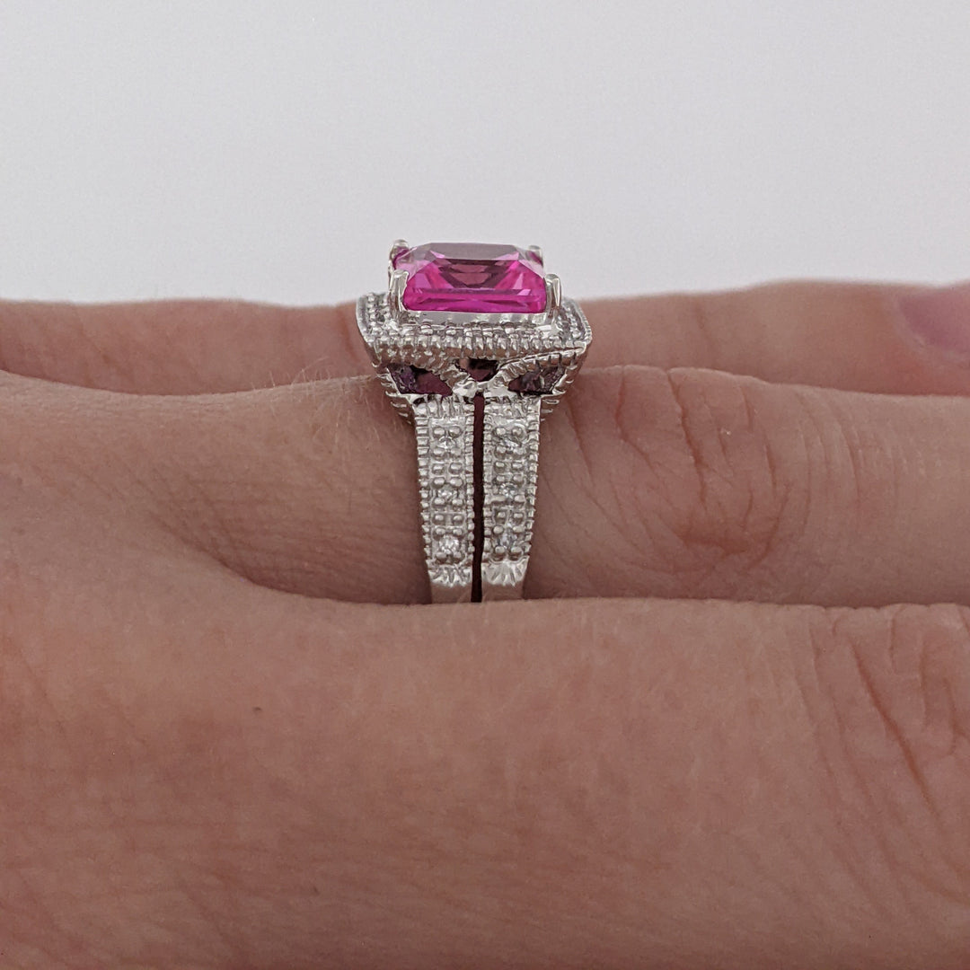 10K WHITE LAB-CREATED PINK SAPPHIRE PRINCESS CUT 7MM WITH .20 DIAMOND TOTAL WEIGHT ESTATE RING 3.4 GRAMS