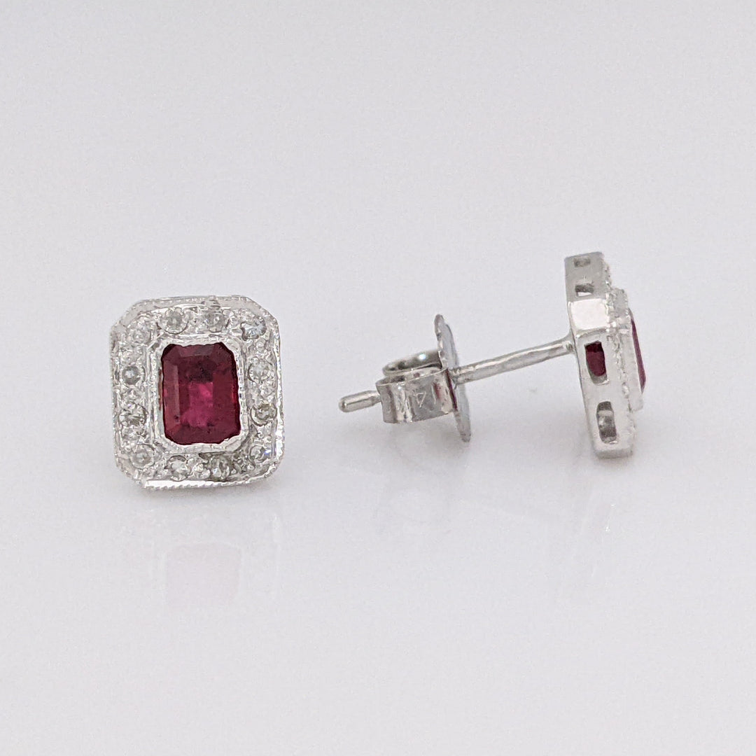 14K WHITE RUBY EMERALD CUT 3X4 WITH MELEE HALO FRAMED ESTATE EARRINGS 1.3 GRAMS
