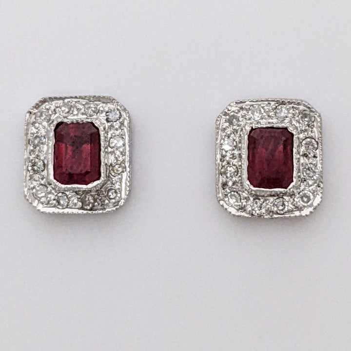 14K WHITE RUBY EMERALD CUT 3X4 WITH MELEE HALO FRAMED ESTATE EARRINGS 1.3 GRAMS