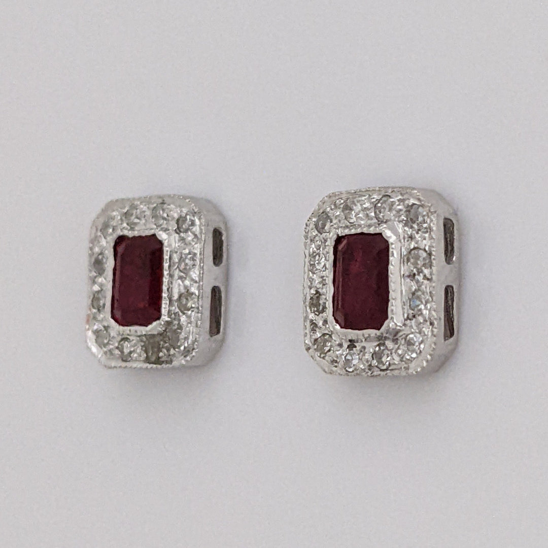 14K WHITE RUBY EMERALD CUT 3X4 WITH MELEE HALO FRAMED ESTATE EARRINGS 1.3 GRAMS