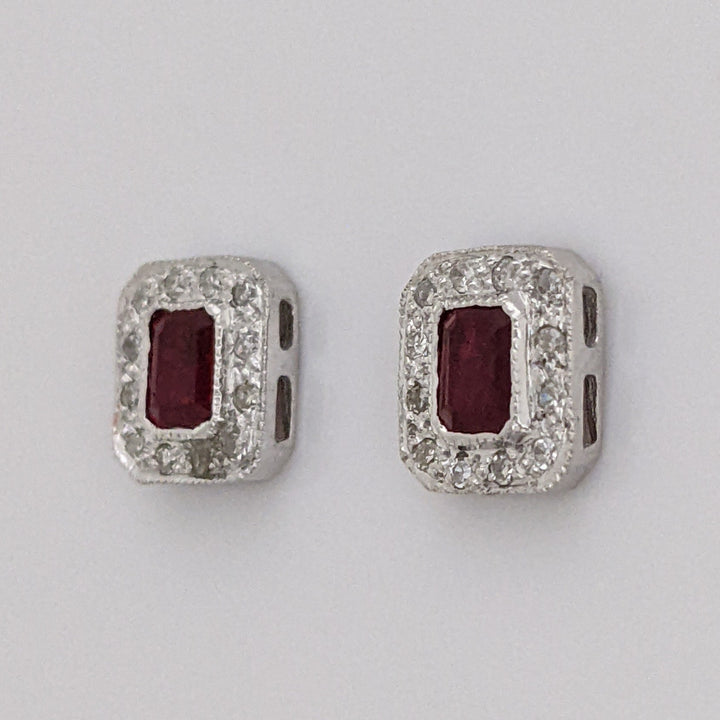 14K WHITE RUBY EMERALD CUT 3X4 WITH MELEE HALO FRAMED ESTATE EARRINGS 1.3 GRAMS