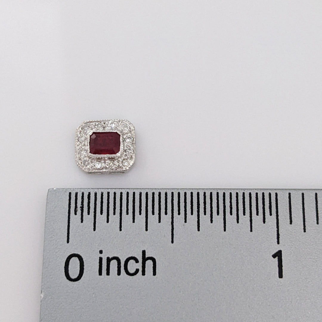 14K WHITE RUBY EMERALD CUT 3X4 WITH MELEE HALO FRAMED ESTATE EARRINGS 1.3 GRAMS