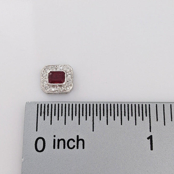 14K WHITE RUBY EMERALD CUT 3X4 WITH MELEE HALO FRAMED ESTATE EARRINGS 1.3 GRAMS