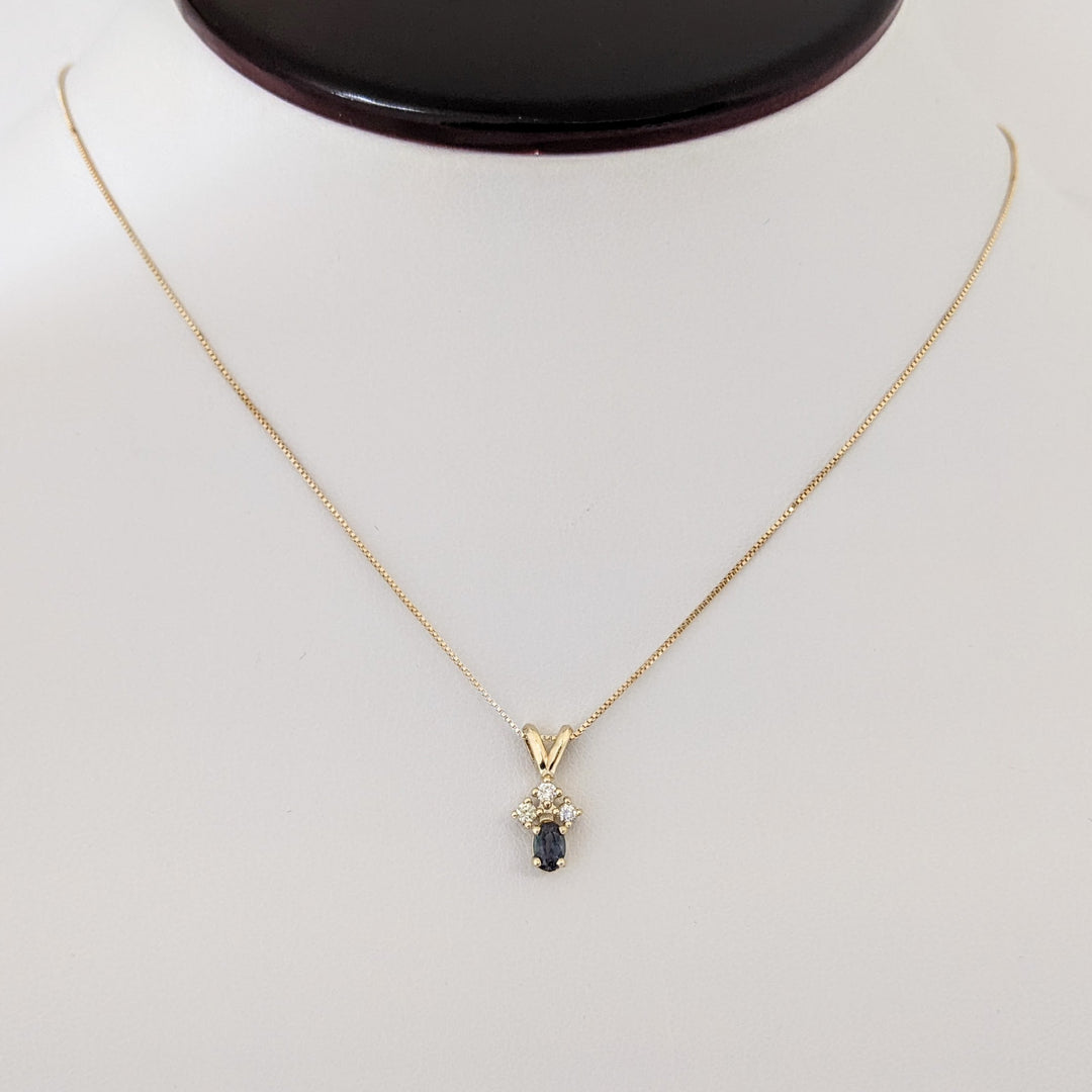 14K SAPPHIRE OVAL 3X4 WITH .10 DIAMOND TOTAL WEIGHT (3) ESTATE PENDANT & CHAIN 1.9 GRAMS