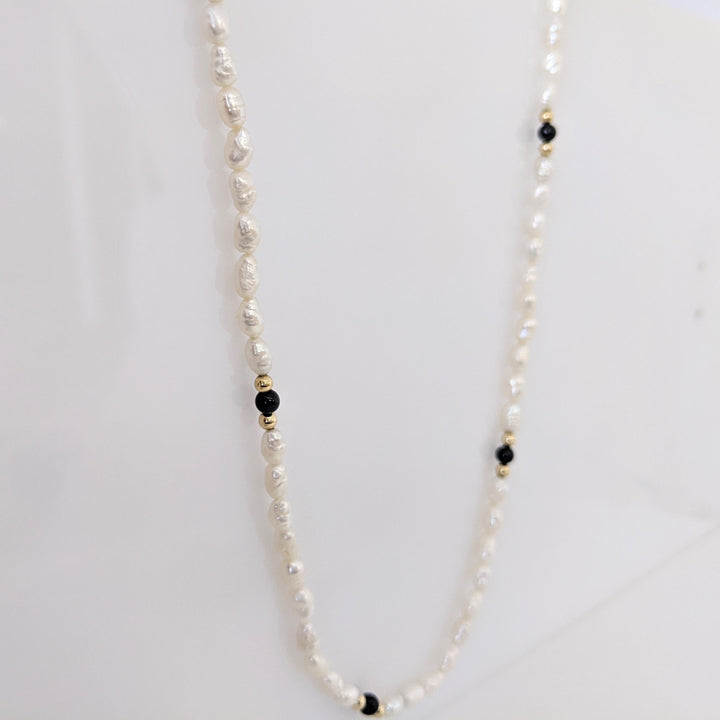14K RICE PEARLS WITH ONYX AND GOLD BALL ESTATE NECKLACE 9.7 GRAMS