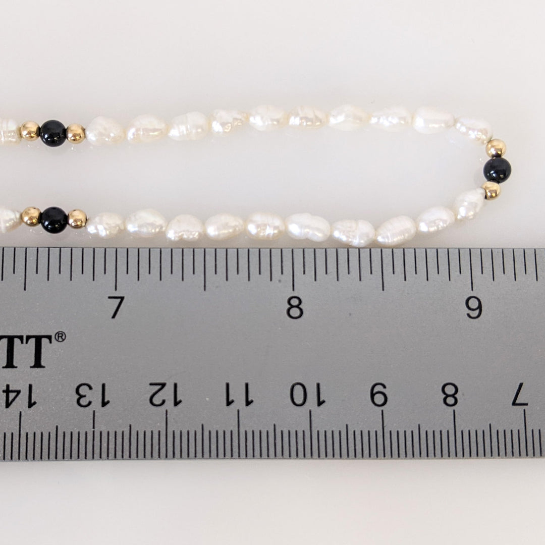 14K RICE PEARLS WITH ONYX AND GOLD BALL ESTATE NECKLACE 9.7 GRAMS