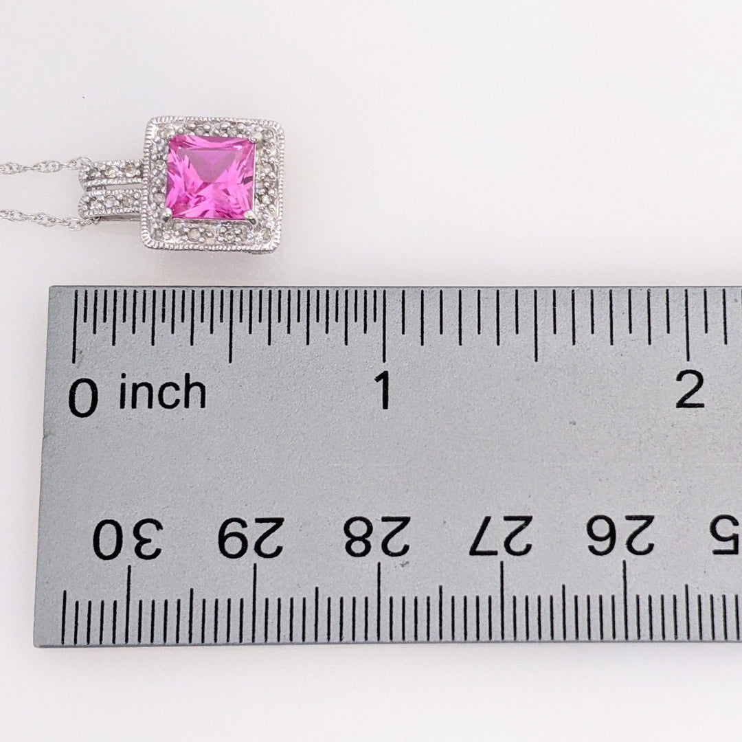 10K WHITE LAB-CREATED PINK SAPPHIRE PRINCESS CUT 7MM WITH (18) MELEE ESTATE PENDANT & CHAIN 2.8 GRAMS