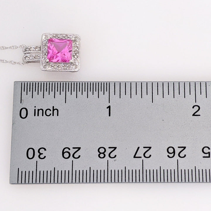 10K WHITE LAB-CREATED PINK SAPPHIRE PRINCESS CUT 7MM WITH (18) MELEE ESTATE PENDANT & CHAIN 2.8 GRAMS