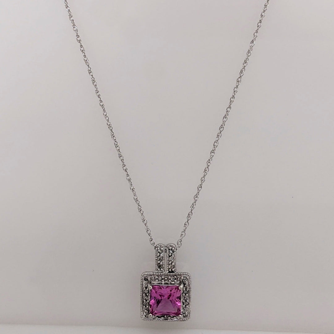10K WHITE LAB-CREATED PINK SAPPHIRE PRINCESS CUT 7MM WITH (18) MELEE ESTATE PENDANT & CHAIN 2.8 GRAMS