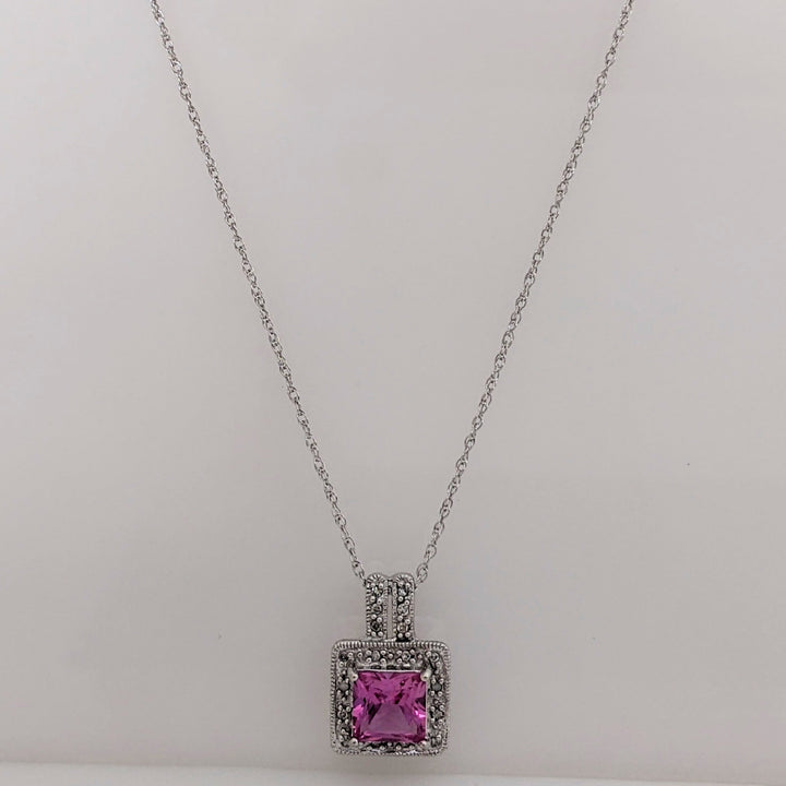 10K WHITE LAB-CREATED PINK SAPPHIRE PRINCESS CUT 7MM WITH (18) MELEE ESTATE PENDANT & CHAIN 2.8 GRAMS