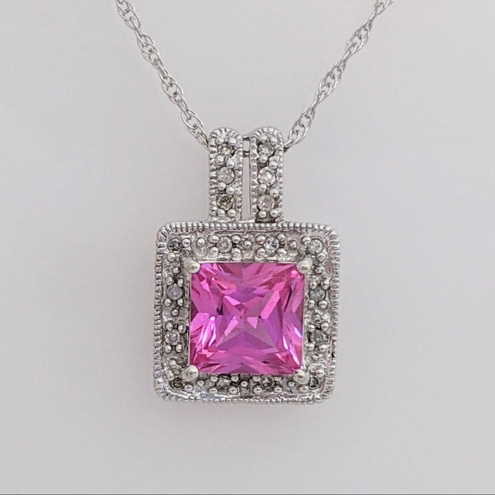 10K WHITE LAB-CREATED PINK SAPPHIRE PRINCESS CUT 7MM WITH (18) MELEE ESTATE PENDANT & CHAIN 2.8 GRAMS