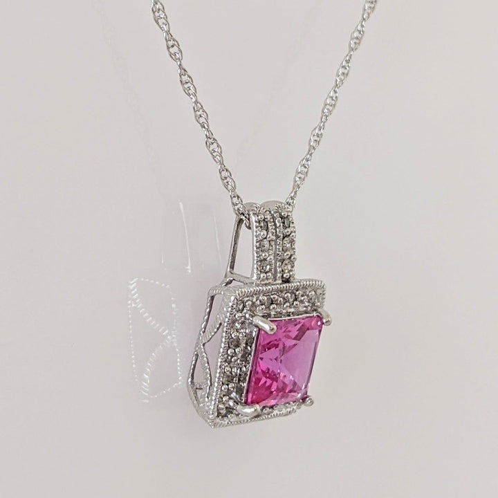 10K WHITE LAB-CREATED PINK SAPPHIRE PRINCESS CUT 7MM WITH (18) MELEE ESTATE PENDANT & CHAIN 2.8 GRAMS